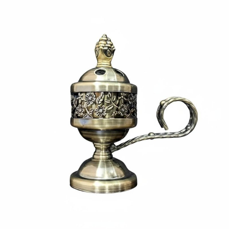 Arabic Charcoal Incense Burner with Handle, Vintage Metal Holder, Flower Carved Design