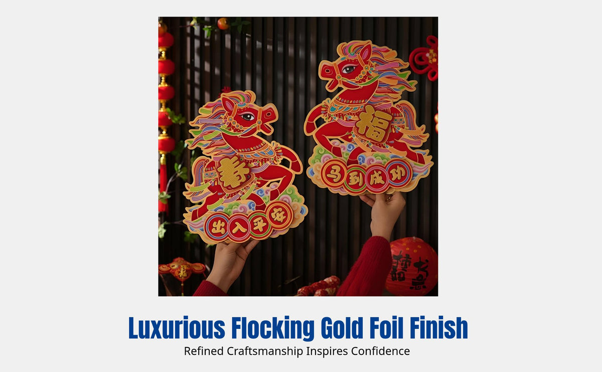 Chinese New Year Glass Sticker, 3D Flocked Gold Cartoon Horse, Seasonal Holiday Decoration, Zodiac 2026, Living Room Decor