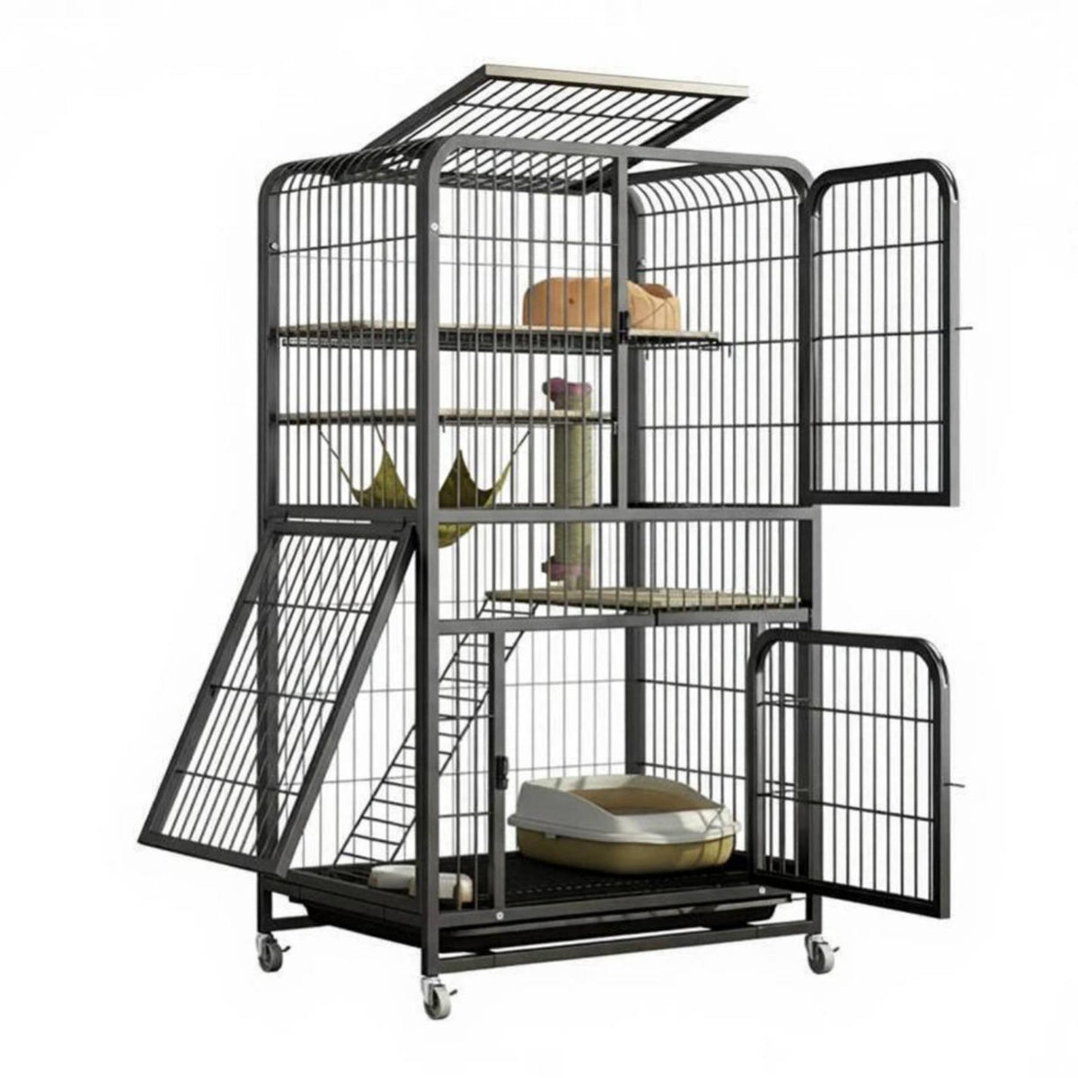 Indoor Cat Enclosure, Large Multi-Level Cat Villa, Integrated Litter Box, Metal Cat Castle, Climbing House for Home