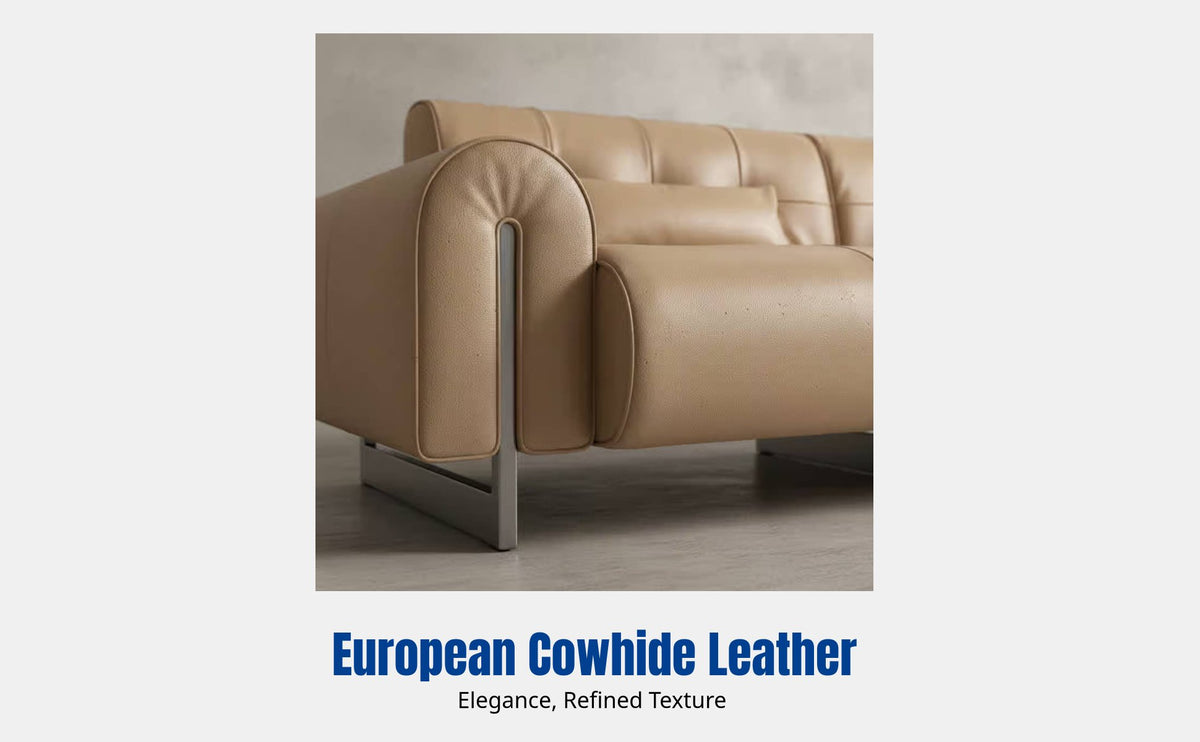 Italian Minimalist Genuine Leather Sofa, Vintage Linear Living Room Couch, Modern High-End Design