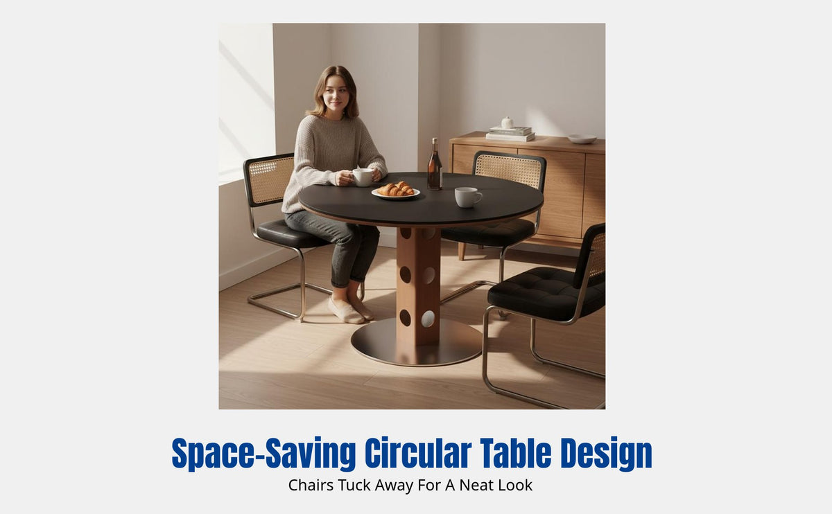 Nordic Minimalist Round Dining Table, Solid Wood, Vintage Style, Stone Top, Modern, Small Space, Home, Living Room