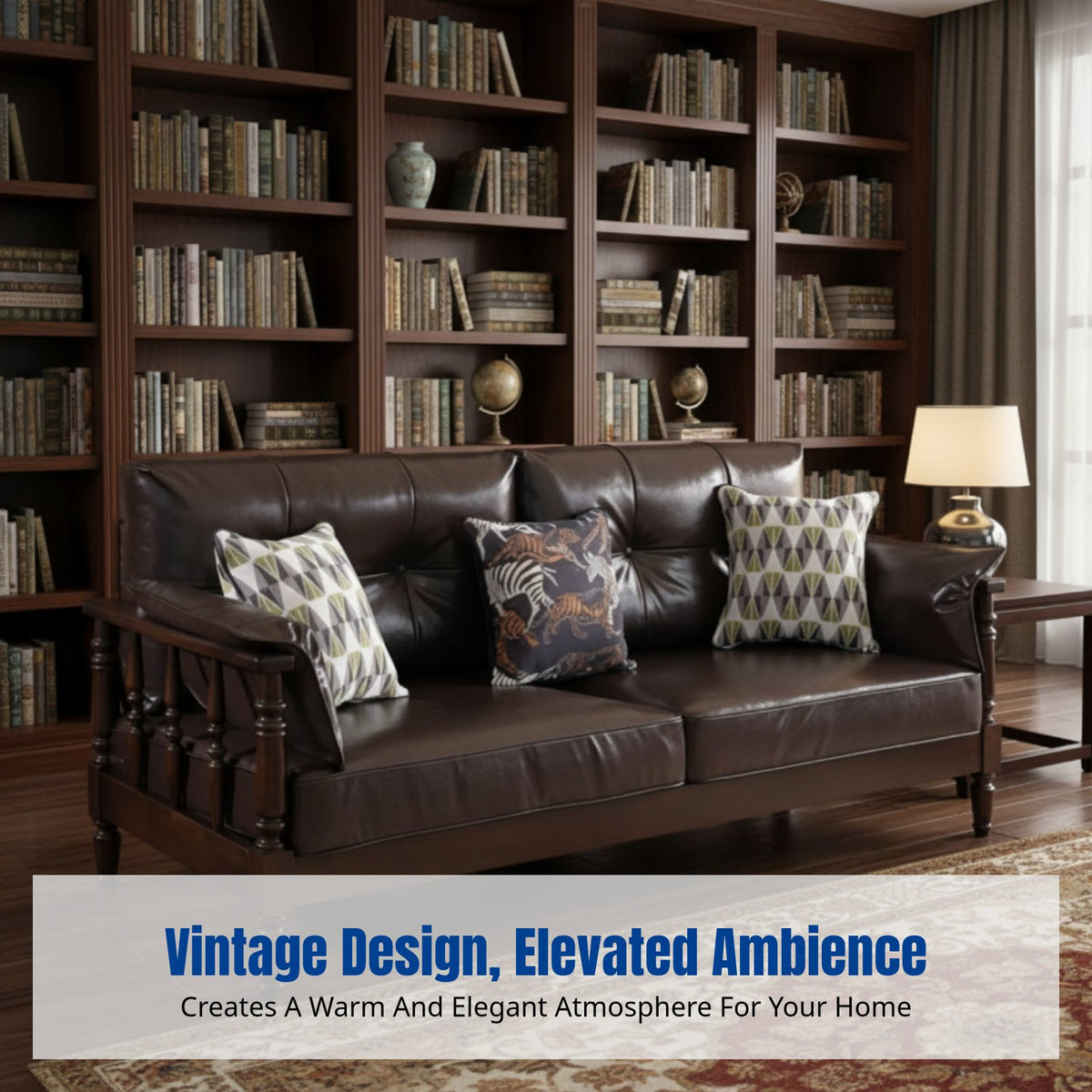 US design sturdy Wood Leather Sofa, Vintage French Sofa Set, Living Room Furniture for Home, Small Apartment Layout
