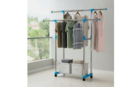 Adjustable Double Rod Clothes Rack Extendable Double Rod Clothing Rack Space-Saving Furniture Heavy Duty for Renters, Students, Bedroom, Laundry Room, Apartment