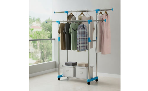 Adjustable Double Rod Clothes Rack Extendable Double Rod Clothing Rack Space-Saving Furniture Heavy Duty for Renters, Students, Bedroom, Laundry Room, Apartment