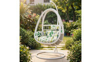 Freestanding Hanging Swing Chair with Stand Woven Wicker Swing Chair with Stand Cushioned Furniture Basket-Style for Balcony