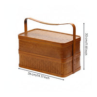 Bamboo Carry Box with Lid Handwoven Two-Tier Woven Basket Bamboo Basket with Handle Double-Layer Vintage-Style for Hosts