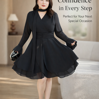 Wedding Guest Dresses for Women with Long Sleeves, Sheer Fabric V Neck Midi Dress with Ruffle Trim, Loose up to 8XL