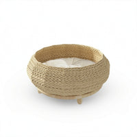 woven Cat Basket Bed with Cushion Round Cat Bed with Wooden Base Breathable for Kittens, Bedroom