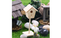 Mini Wooden Birdhouse Ornament Wood Finish Miniature Birdhouse on a Post Pitched Roof Wooden House Ornament with Base for Dollhouse, Courtyard