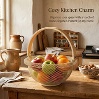 Kitchen Storage Basket with Wooden Handle for Fruits and Eggs, Metal Wire Frame with Rolled Edge Design, Hanging for Cupboards