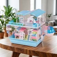 Acrylic Hamster Cage, Double Layer Hamster Villa with Wood Frame, Large Multi-Layer Syrian Hamster Habitat with Transparent Viewing and Tray Base