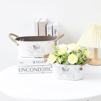Vintage Oval Flower Pot with Rope Handle and Bird Pattern