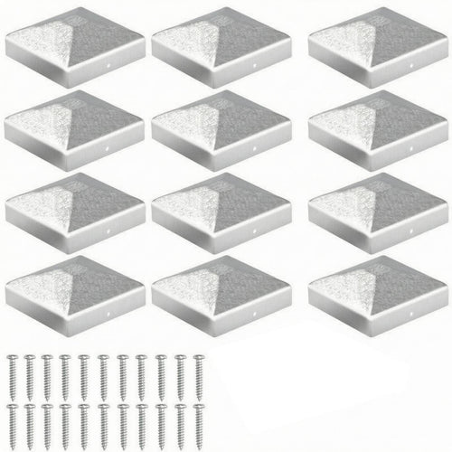 Galvanized Steel Square Fence Post Cap Deck Post Cover Fence Cap Sloped Top Faces Fence Post Topper Fence Hardware Silver Finish Screw Included Suitable for Outdoor Fence Protection Pathway Posts Porch Railings Public Spaces