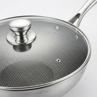 Frying Pan for Stir Fry and Wok Induction Hob Cooking, Stainless Steel Wok with Lid and Honeycomb Surface, Flat Bottom Pan, Electric Gas Use