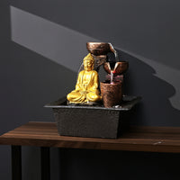 Layered Buddha Fountain with Black Tray Compact Buddha Statue Fountain Sculpted Small for Meditators, Office