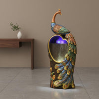 Peacock Floor Water Feature Indoor Fountain Resin Sculpture LED Waterfall Statue Tranquil Cascading Water Ornament Suitable for Entrance Living Room Office Clubhouse