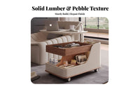 Mobile Sofa Table with Storage Lift Adjustable Surface Side Table Snack Cart C-shaped Base Sintered Stone Top Solid Wood Frame with Wheels Suitable for Adults Bedroom Living Room Home Office Compact Spaces