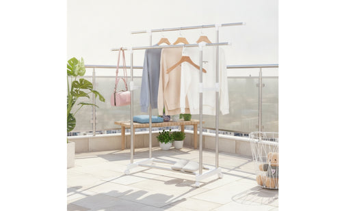 Telescoping Double Rod Garment Rack Space-Saving Rolling Clothes Rack with Shelf Easy Mobility Sturdy for Laundry Room