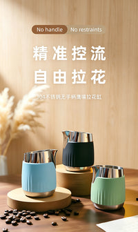 304 Stainless Steel Milk Frothing Pitcher with Heat-Resistant Silicone, Slanted Spout, for Latte Art