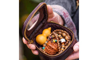 Treasure Pouch Storage Case Dustproof Leather Walnut Storage Bag Handmade Clear Window Collectible Pouch for Collectors
