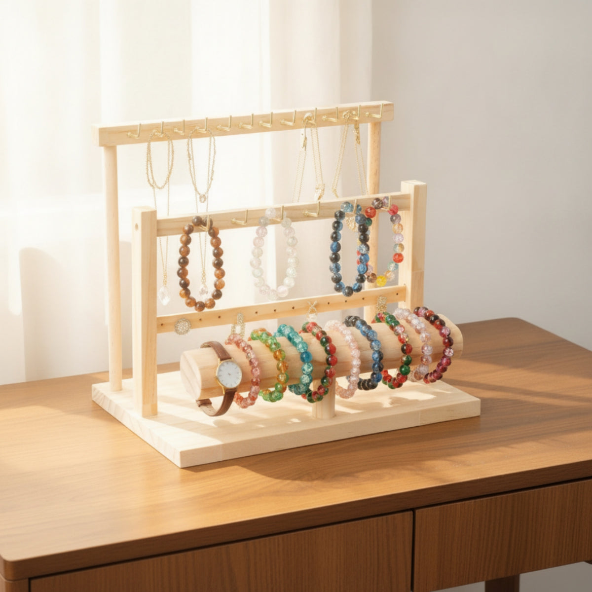 Wooden Jewelry Display Stand Three-Tier Jewelry Holder with Hooks Countertop Necklace Holder with Hooks Open-Frame for Boutiques, Vendors, Vanity, Craft Fairs, Market Stalls