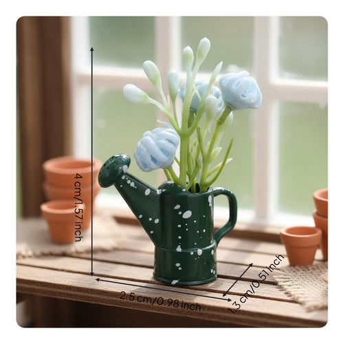 Miniature Watering Can Flowerpot Spring Atmosphere Miniature flower container Detailed 1:12 Scale Flower Arrangement for Hobbyists