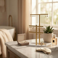 T-Shaped Jewelry Display Stand Perforated Necklace Earring Organizer Freestanding Metal Jewelry Rack Oval Base