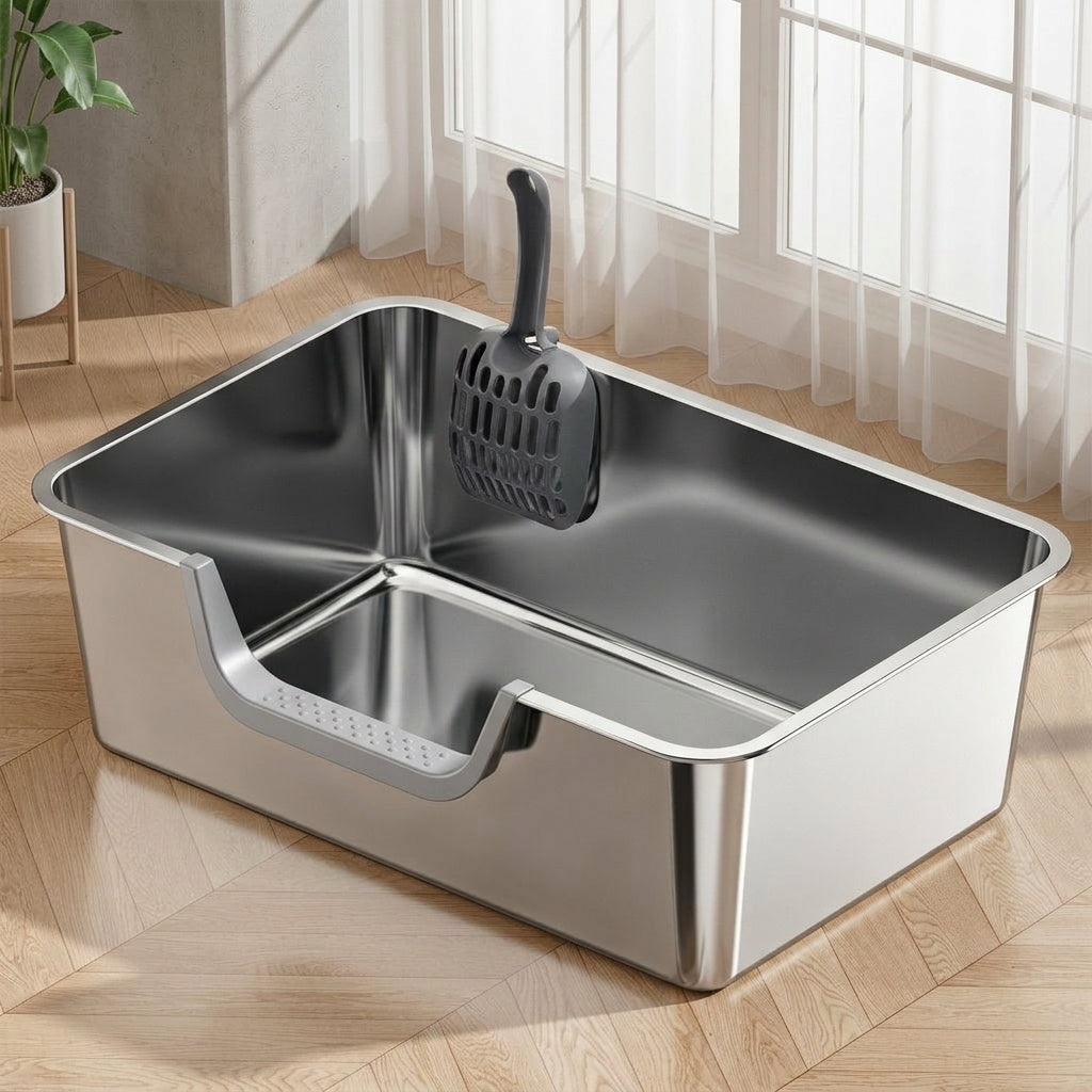 Cat Toilet Tray and Pan, Stainless Steel with 60cm Internal Length and Lid, Easy Cleaning Side Entry for Large Adult Cats