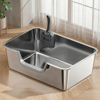 Cat Toilet Tray and Pan, Stainless Steel with 60cm Internal Length and Lid, Easy Cleaning Side Entry for Large Adult Cats