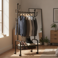 Freestanding Double Rod Garment Rack with Storage Basket