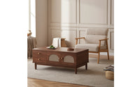 Walnut-Tone Coffee Table with Cabinet Woven Rattan-Style Coffee Table with Drawers Tapered Legs Furniture Retro for Living Room, Apartment, Lounge