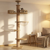 Cat Climbing Frame Activity Center with 7 Perches and Hammock, Solid Wood Multi Level Tree Indoor for Large Cats, Sisal Scratching Posts for Play