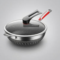 Frying Pan for Stir Fry and Home Cooking, 34cm Large Stainless Steel Wok with Lid, 2kg Weight Pan for Induction Hob, Versatile BBQ Cookware