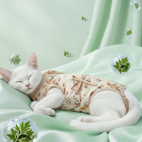 Spay Suit for Cats with Tie Back, Sleeveless Neuter Design, Post Surgery Cat Clothes, Female Recovery Suit, Summer Plant Pattern Anti Licking