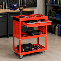 3-Tier Rolling Tool Cart, Red Painted Steel Service Cart 70x35cm, Mechanic Workshop Trolley with Locking Wheels