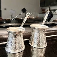 Embossed Floral Turkish Coffee Pot Decorative Handle Ornate Coffee Pot Induction Compatible Cookware Flared Rim for Ceramic Cooker, Gas Cooktop
