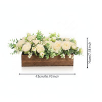 Wood Planter Flower Display Cream Faux Floral Arrangement Eucalyptus Foliage