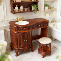 1:12 Scale Vanity and Stool Collectible Model Wooden Dollhouse Washstand Set Realistic Design Carved Dollhouse Vanity for Collectors