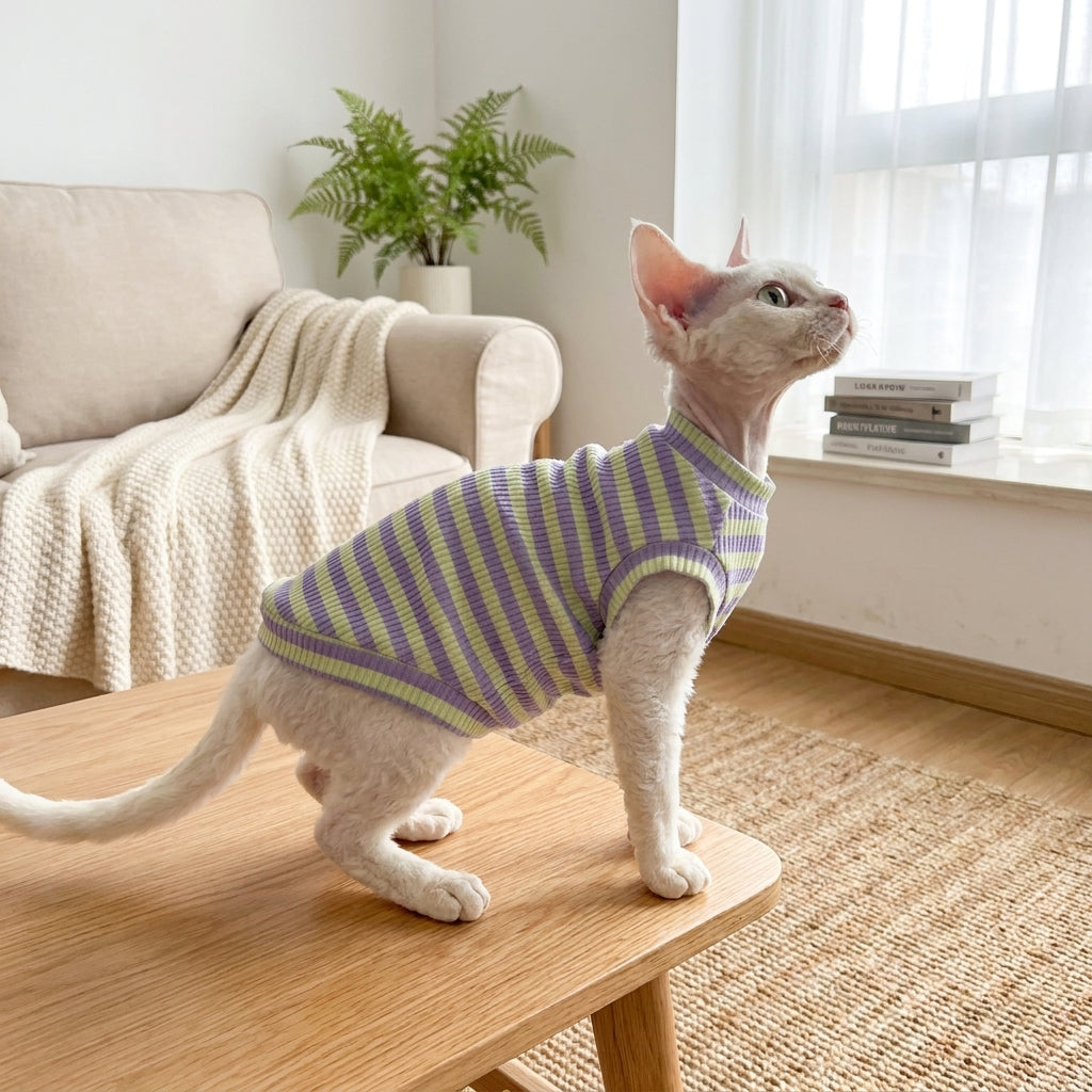 Sleeveless Vest Cat Tank Top, Breathable Polyester Hairless Cat Clothing with a Striped Pattern, Comfortable Striped Cat Vest Pet Summer Wear