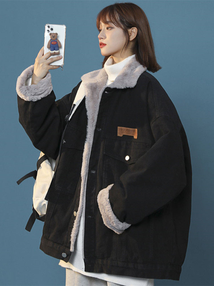 oversize羊羔毛牛仔外套女冬季胖mm宽松复古bf中性潮加绒加厚棉服