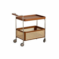 Dual-Level Rattan Trolley Vintage Aesthetic Mobile Side Table Woven Shelves Space-Saving for Hosts, Living Room, Bedroom