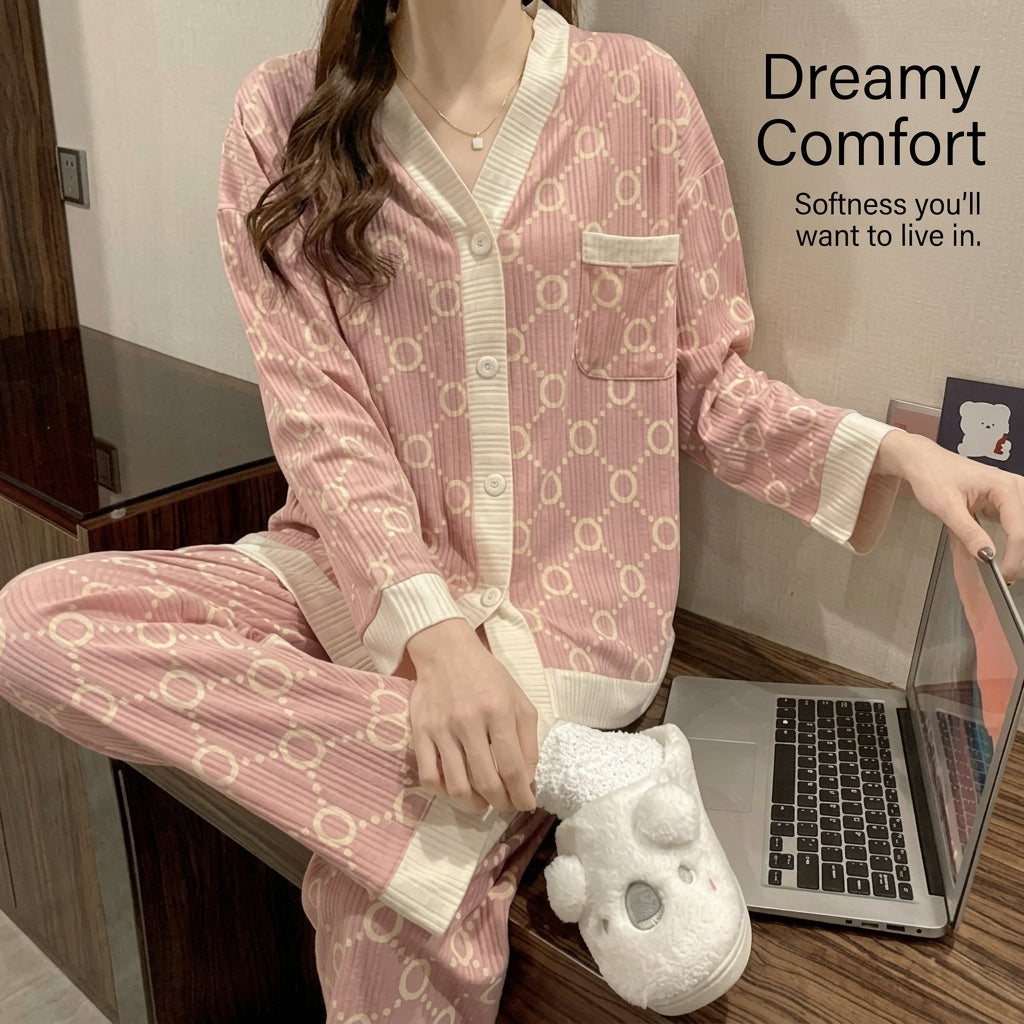 Pyjamas for Women Three Piece Nightwear Set with Long Sleeve Collared Design, Thickened Polyester Pajama for Autumn Winter Home Lounging