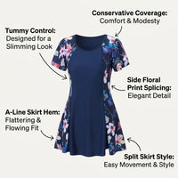 Swimsuits for Women with Short Sleeve Design for Water Sports, Plus Size Modest Floral Skirted for