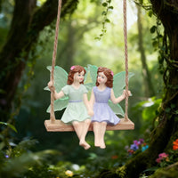 Resin Fairy Garden Hanging Decor Sisterhood Gift Two Fairies on a Swing Figurine Weather Resistant Swinging Sisters Fairy Statue for Gardeners, Patio