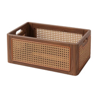 Wooden Basket with Rattan Panels Walnut Finish Organizer Farmhouse for Vanity