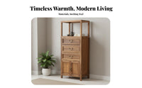Modern Oriental Design Stepped Curio Cabinet Vintage Aesthetic Sideboard Staggered Shelving Storage Furniture Open and Closed Compartments for Tea Lovers, Art Collectors, Homeowners, Living Room, Entrance Hall, Bedroom, Office