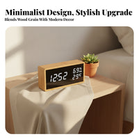 Humidity Display Bamboo Alarm Clock Battery Backup Desktop Alarm Clock USB Charging Home Gadget Dimmable