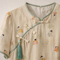Women's Chinese Dress Midi Length with Three Quarter Sleeve for Summer, Cheongsam Style Flared Casual with Color Blocking and Patchwork Details