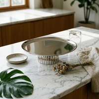 Elevated Tray with Pedestal Base Silver-Tone Mirrored Pedestal Fruit Bowl Reflective Footed Round Tray for Home Stylists