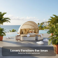 Wicker Weave Design Round sunshade Daybed Weather Resistant Round Daybed with sunshade Comfortable paddings Outdoor Furniture Sturdy Construction for Hotel Owners, Party Hosts, Garden, waterside, Terrace, rearyard